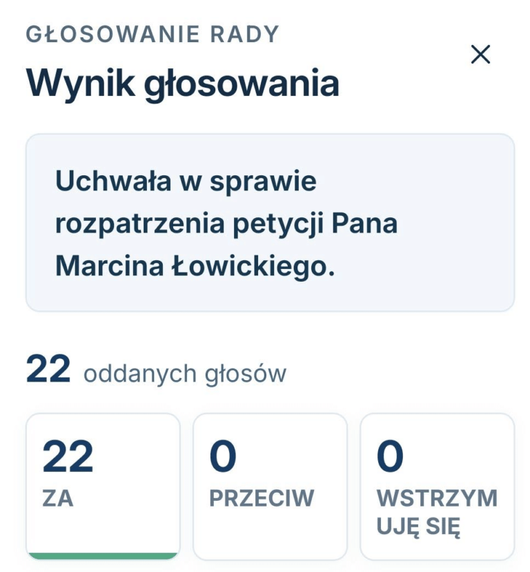 Wynik głosowania, uchwała w sprawie rozpatrzenia petycji Pana Marcina Łowickiego