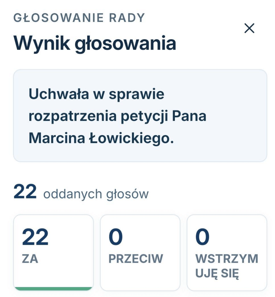 Wynik głosowania, uchwała w sprawie rozpatrzenia petycji Pana Marcina Łowickiego